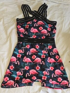 Tropical Flamingo Swim Dress - Pink & Black